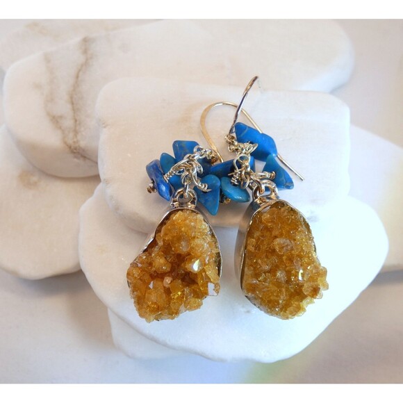 Natural Rough Citrine Turquoise Sterling Silver Dangle Earrings Healing Jewelry - Picture 4 of 8